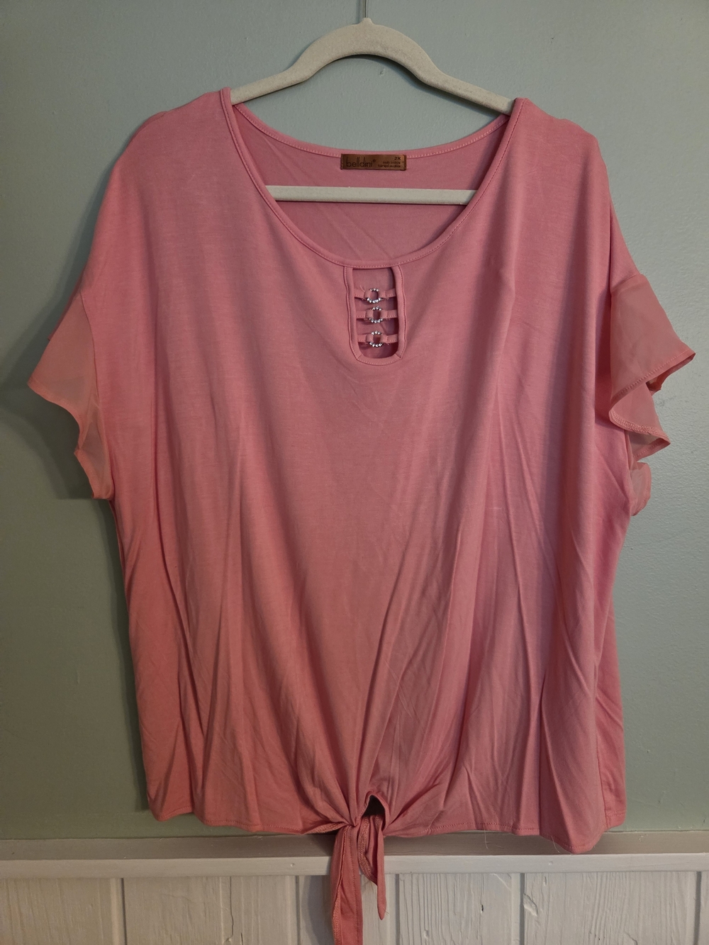 Belldini Pink Short-Sleeve Tie-Front Top with Decorative Neck Detail